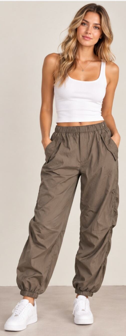 Zara Taupe Parachute Utility Jogger Pants Ruched Nylon Size M
